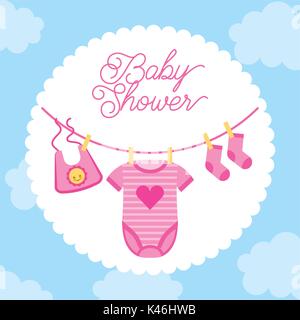 baby shower invitation clothes sock hanging with cloud background Stock Vector