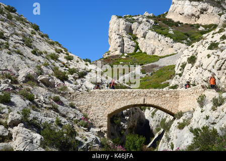 Stone Bridge on the Long Distance Coastal Footpath at Niolon on the Côte Bleue, or Blue Coast, west of Marseille Provence France Stock Photo