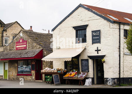 Village greengrocer's shop and Butcher's in Masham, Wensleydale, North Yorkshire, England, UK, Britain Stock Photo