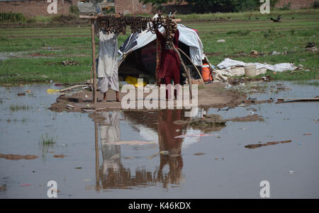 Lahore, Pakistan. 05th Sep, 2017. Gypsy family hang strips of salted meat collected from different places preserve for longer time to use during the Muslims Eid al-Adha or Festival of Sacrifice. Credit: Rana Sajid Hussain/Pacific Press/Alamy Live News Stock Photo