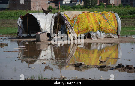 Lahore, Pakistan. 05th Sep, 2017. Gypsy family hang strips of salted meat collected from different places preserve for longer time to use during the Muslims Eid al-Adha or Festival of Sacrifice. Credit: Rana Sajid Hussain/Pacific Press/Alamy Live News Stock Photo