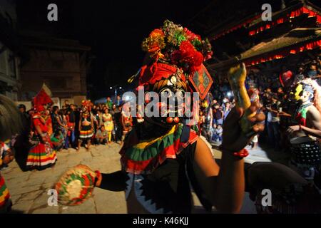 Kathmandu, Nepal. 04th Sep, 2017. Masked dancers perform in celebration of Indrajatra festival in Kathmandu, Nepal. Indra Jatra is an eight day festival with a chariot procession dedicated to Goddess Kumari, Lord Ganesh and Bhairav, as well as worshiping Indra, the king of gods. Credit: Archana Shrestha/Pacific Press/Alamy Live News Stock Photo