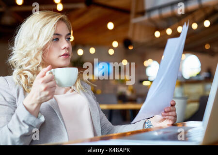 Studying Documents at Coffeehouse Stock Photo