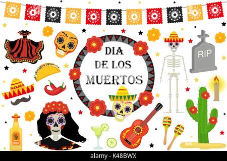 Day of the Dead Mexican holiday icons flat style. Dia de los muertos collection of objects, design elements with sugar skull, skeleton, grave. Isolated on white background. Vector illustration Stock Vector