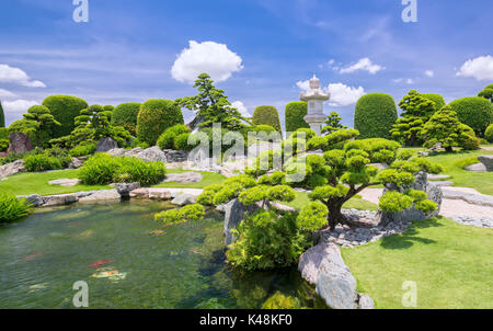 Beautiful garden in ecotourism designed in harmony with cypress, pine, stone, water and ancient trees bearing traditional culture of traditional Japan Stock Photo