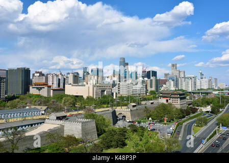 Beijing city skyline,the ancient walls built in Ming Dynasty surrounding the modern skyscrapers, modern and ancient intertwined at here. Stock Photo