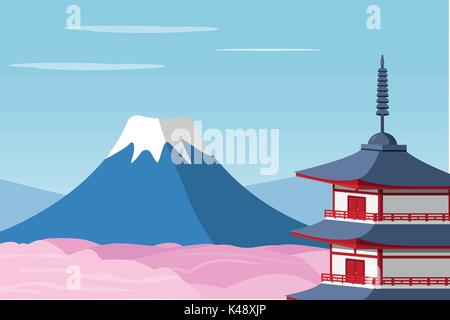 Mount Fuji and Arakura Sengen Jinja Shinto shrine, vector Stock Vector