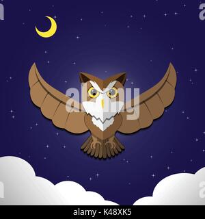 Flying Owl on night background,front view, vector design. Stock Vector