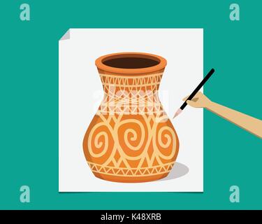 Artist painting ancient pottery on paper, vector design Stock Vector