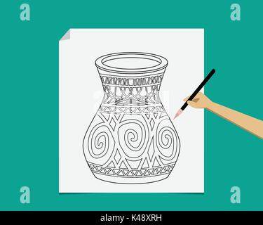 Artist sketching ancient pottery on paper, vector Stock Vector