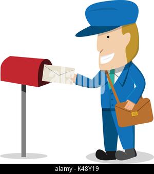 Postman send a letter to mailbox, vector cartoon Stock Vector