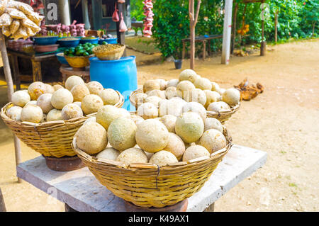 Heaps of wood apple in small roadside stall in Sri Lanka Stock Photo