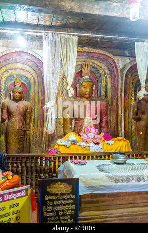 BATTALA, SRI LANKA - DECEMBER 2, 2016:  The image house of the ancient Yudaganawa shrine with old statues of Lord Buddha, on December 2 in Battala Stock Photo