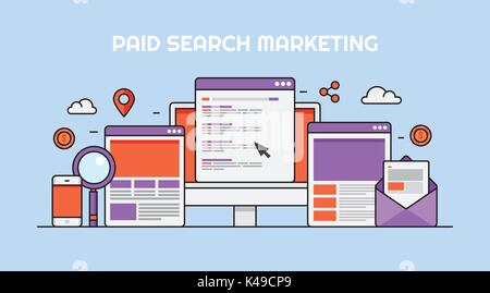 Search engine marketing - pay per click - ppc campaign - paid search marketing concept. Flat design vector web banner. Stock Vector