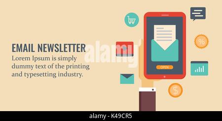Email marketing - email newsletter - mobile email marketing. Email appearing on mobile screen. Flat design vector web banner concept. Stock Vector