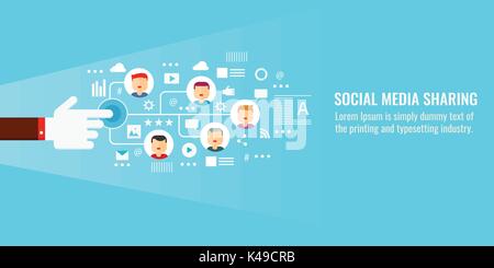 social media sharing - social media marketing concept. Flat vector banner with icons and elements. Stock Vector