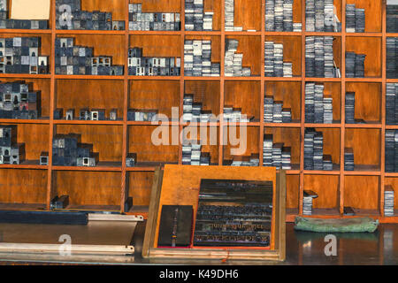 View of a historical printing plant with lettering, typing service for relief printing technology. Stock Photo