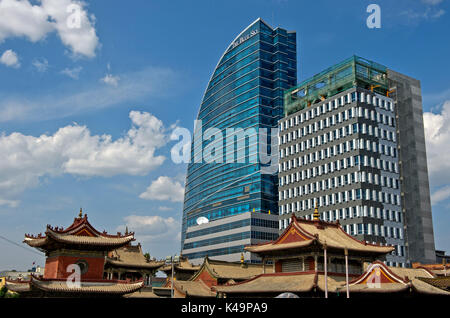 Modern High, Rising Rise Above The Traditional Choijin Lama Temple, Ulaanbaatar, Mongolia Stock Photo