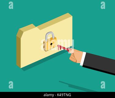 Locked folder and business man with key, vector design Stock Vector