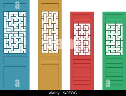 Set of rectangle Chinese door with pattern in flat, vector Stock Vector