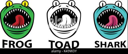 Angry Frog, Toad and shark mascots, vector design Stock Vector