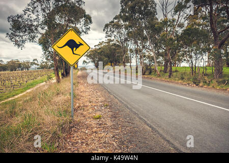 Kangaroo road sign on a side of a road in  Adelaide Hills wine region, South Australia Stock Photo