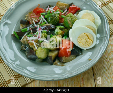 Brussels Sprouts Eggplant Buddha Bowl, roasted vegetables. Stock Photo
