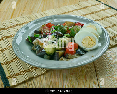Brussels Sprouts Eggplant Buddha Bowl, roasted vegetables. Stock Photo
