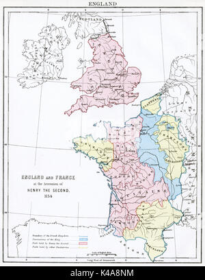 Antique map, circa 1875, of England & France (Henry the Second, circa 1154) Stock Photo