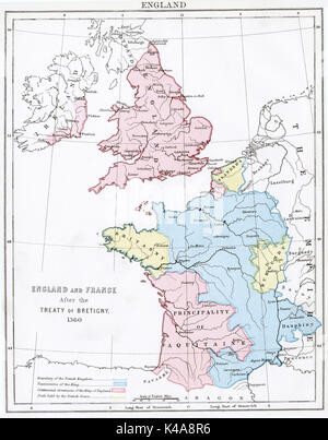 Antique map, circa 1875, of England & France (Treaty of Brretigny, circa1360) Stock Photo