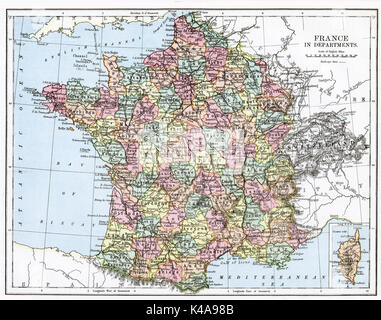 Antique map, circa 1875, of France (Departments) Stock Photo