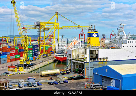 Dublin Ireland Docks harbour area cranes and Ro-Ro Ferry and containers Stock Photo