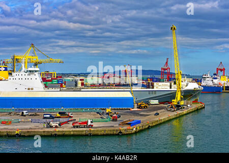 Dublin Ireland Docks harbour area cranes and Ro-Ro Ferry and containers Stock Photo