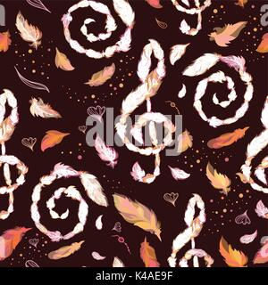 Fall seamless background with music treble clef melody signs and feathers in boho style Stock Vector