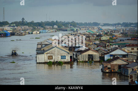 An Giang, Vietnam - Sep 3, 2017. Floating village on Bassac River in An Giang, Vietnam. An Giang is a riverine province of the Mekong delta, in the so Stock Photo