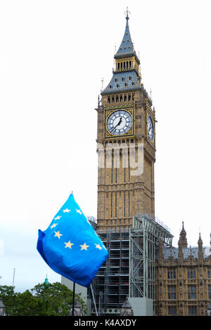 London, UK. Campaigners wave an EU flag in front of Big Ben. Stock Photo