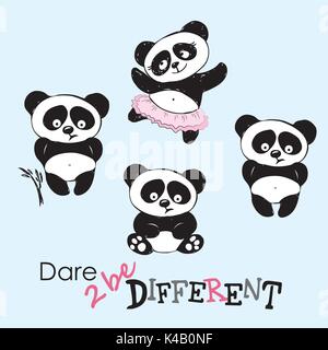 Be different, Cute Panda in various poses, hand drawing, vector Stock Vector