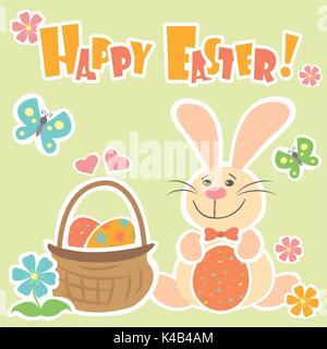 Easter Background with cute rabbit, colorful eggs and a chick, vector illustration Stock Vector