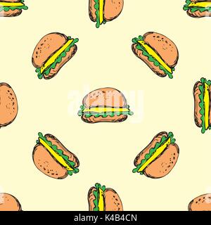 Seamless pattern cheeseburger with onion lettuce and sauces in bun. hamburger, hand drawn vector Stock Vector