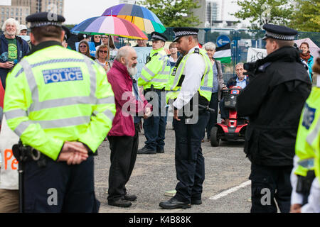 London, UK. 5th Sep, 2017. Quakers block the access road to the ExCel Centre to prevent military equipment arriving by truck for the DSEI arms fair next week. Credit: Mark Kerrison/Alamy Live News Stock Photo