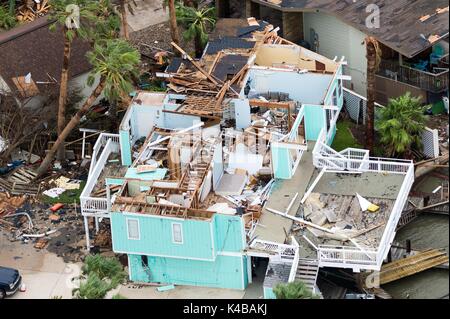 Destroyed homes along the Gulf of Mexico in the aftermath of Hurricane Harvey August 28, 2017 in Rockport, Texas. Stock Photo