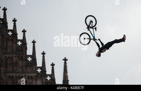 Nuremberg, Germany. 2nd Sep, 2017. British mountainbiker Matt Jones in action at the 'Red Bull District Ride' on the Hauptmarkt square in Nuremberg, Germany, 2 September 2017. During the competition, the riders present their skills with jumps and tricks in a parcours leading through the old town. The District Ride has taken place in 2005, 2006, 2011 and 2014 in Nuremberg. Photo: Silas Stein/dpa/Alamy Live News Stock Photo