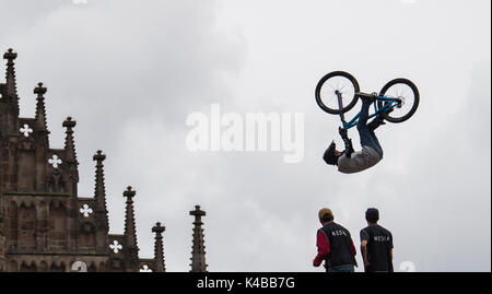 Nuremberg, Germany. 2nd Sep, 2017. Italian mountainbiker Diego Cave in action at the 'Red Bull District Ride' on the Hauptmarkt square in Nuremberg, Germany, 2 September 2017. During the competition, the riders present their skills with jumps and tricks in a parcours leading through the old town. The District Ride has taken place in 2005, 2006, 2011 and 2014 in Nuremberg. Photo: Silas Stein/dpa/Alamy Live News Stock Photo