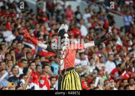 Alexandria, Egypt. 5th Sep, 2017. Egyptian fans cheer before the 2018 World Cup group E qualifying soccer match between Egypt and Uganda at the Borg El Arab Stadium in Alexandria, Egypt, Tuesday, Sept. 5, 2017. Credit: Islam Safwat/Alamy Live News Stock Photo