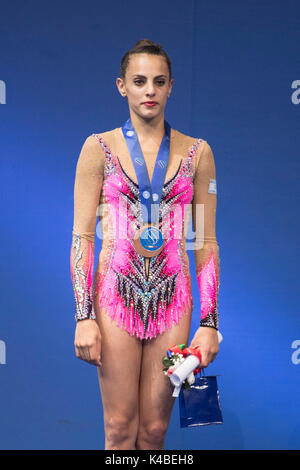 Pesaro, Italy. 1st Sep, 2017. Linoy Ashram (ISR) Rhythmic Gymnastics : Bronze medalist Linoy Ashram of Israel reacts with her medal on the podium during the medal ceremony for the 35th Rhythmic Gymnastics World Championships 2017 Individual All-Around at Adriatic Arena in Pesaro, Italy . Credit: Enrico Calderoni/AFLO SPORT/Alamy Live News Stock Photo