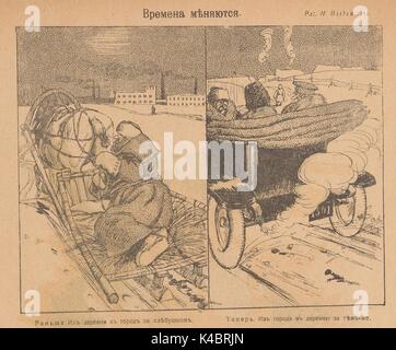 Cartoon satirizing Russia's urbanization and modernization, titled Times Change, with image on the left captioned 'Before, from country to the town to buy some bread', showing a peasant man riding behind a horse-drawn cart, and image on the right captioned 'Now, from the town to the countryside for the same purpose', showing people riding in an automobile, from the Russian satirical journal Bich, 1917. Stock Photo