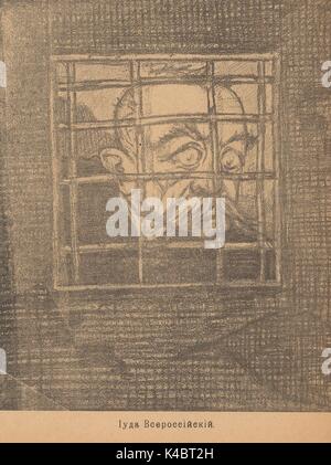 Illustration of a Jewish man confined behind prison bars, with text reading 'All Russian Jews', satirizing the Russian Jewish population's confinement to the Pale of Settlement, from the Russian satirical journal Bich, 1917. Stock Photo