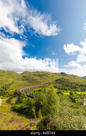Glenfinnan historic rail viaduct in Scottish Highlands. Full frame wide angle view in sunny day, vertical orientation Stock Photo