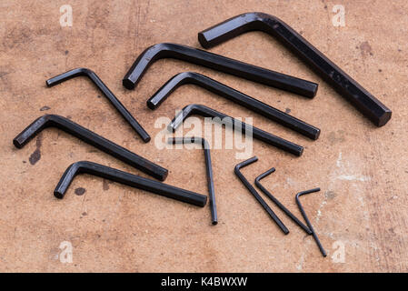 Set of old, used hex wrenches, or allen keys. Stock Photo