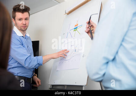 Businessman Touching Document On Flipchart While Giving Presenta Stock Photo